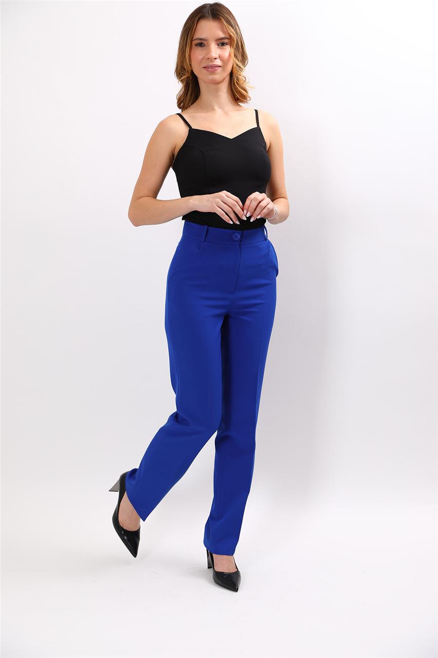 Kemerli Boru Paça Pantolon-Saks
