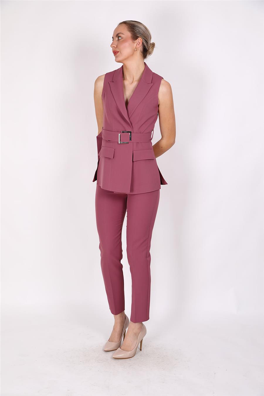 Kemerli Klasik Yelek & Boru Paça Pantolon Takım-Rose - 1521510