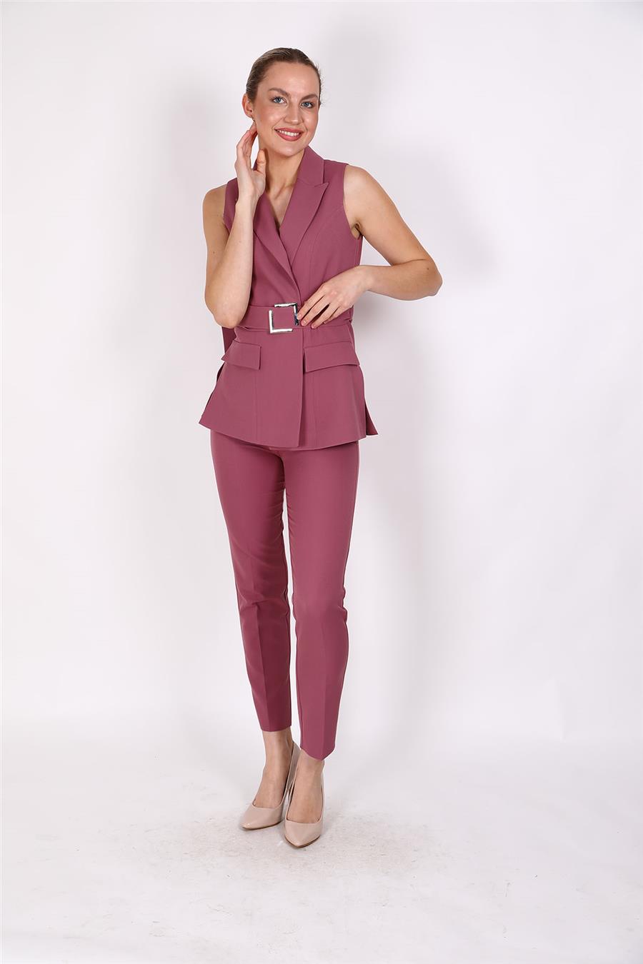 Kemerli Klasik Yelek & Boru Paça Pantolon Takım-Rose - 1521510
