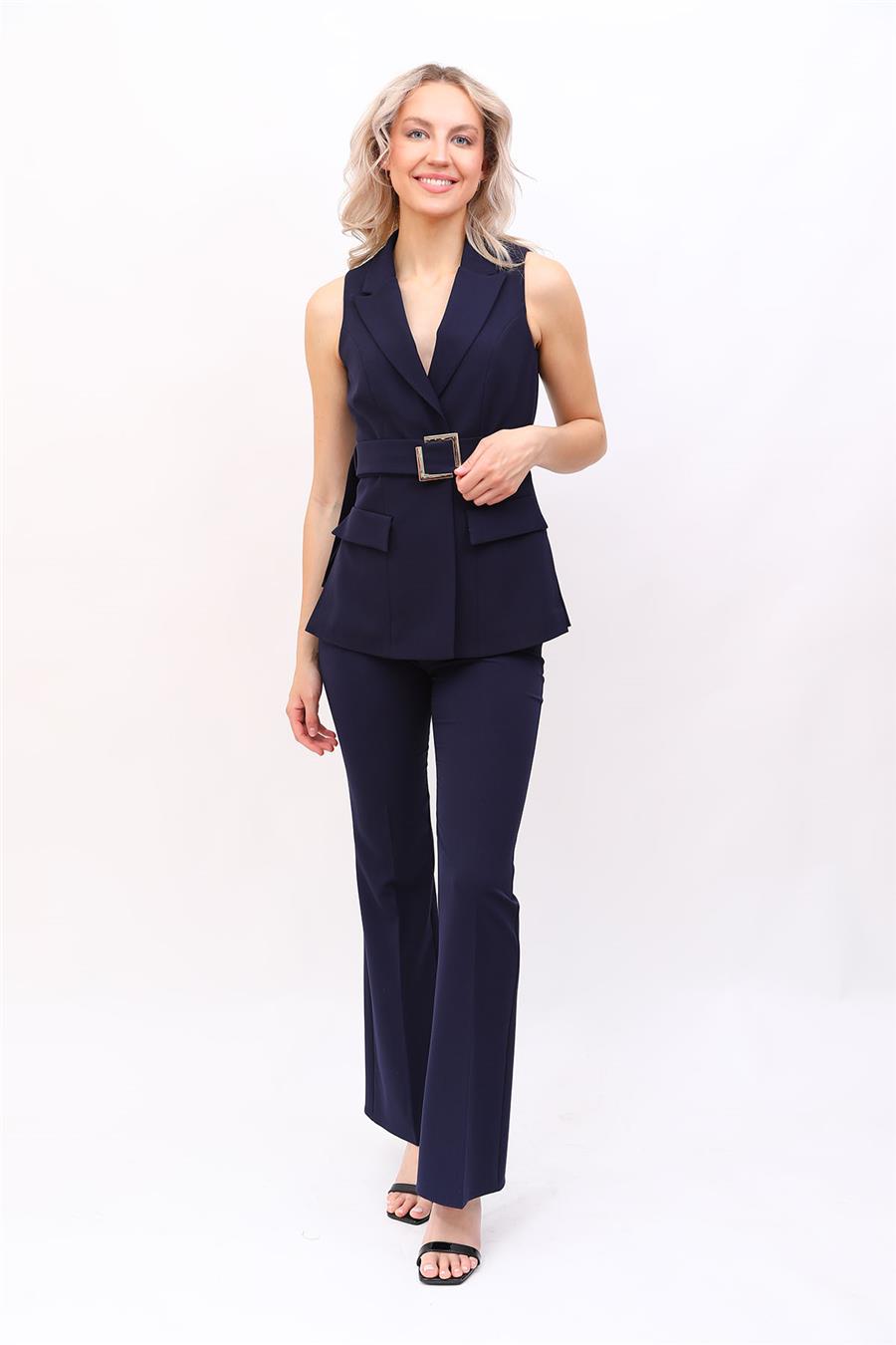 Kemerli Klasik Yelek & İspanyol  Paça Pantolon Takım-Lacivert