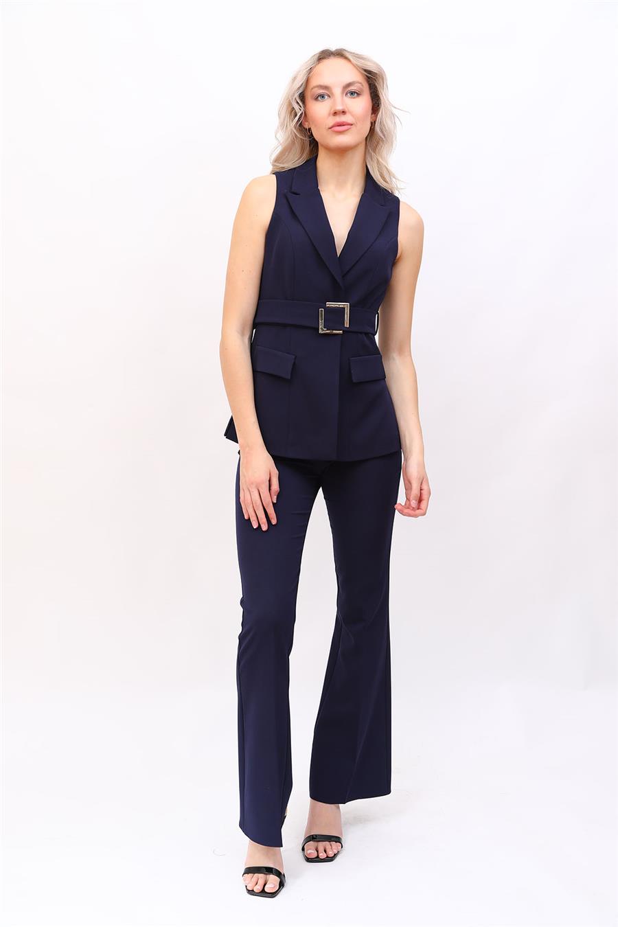 Kemerli Klasik Yelek & İspanyol  Paça Pantolon Takım-Lacivert