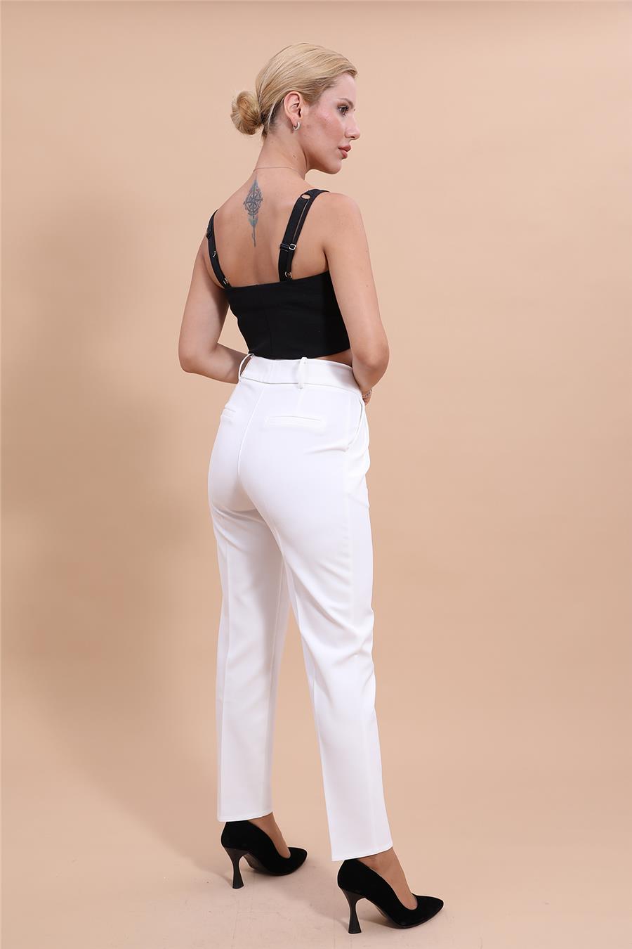 Kemerli Köprülü Dar Paça Pantolon-Beyaz - 5030100
