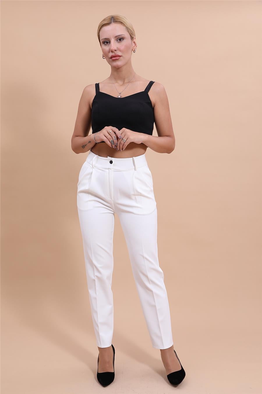 Kemerli Köprülü Dar Paça Pantolon-Beyaz - 5030100