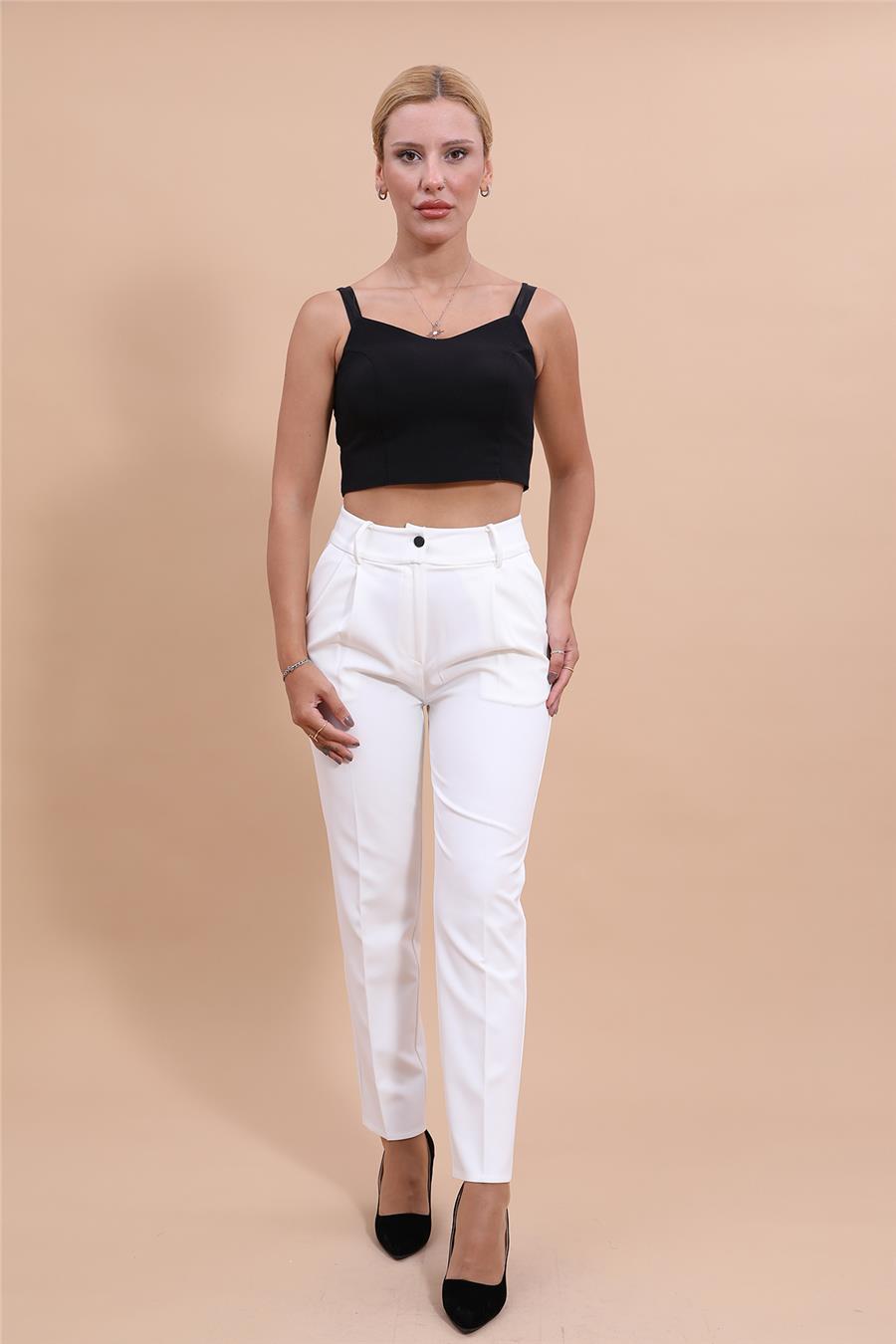 Kemerli Köprülü Dar Paça Pantolon-Beyaz - 5030100