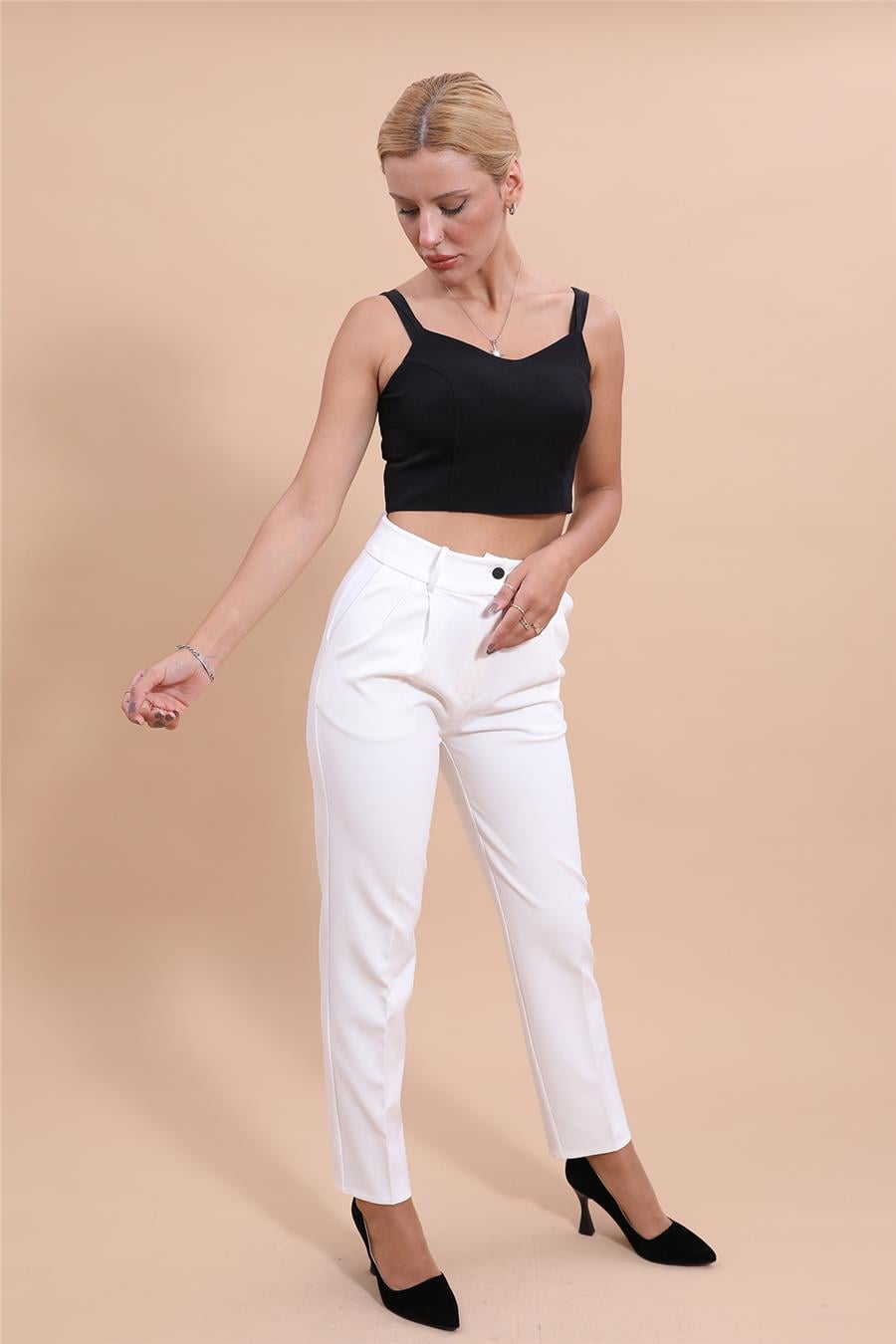 Kemerli Köprülü Dar Paça Pantolon-Beyaz - 5030100