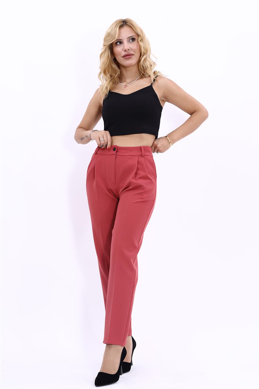 Kemerli Köprülü Dar Paça Pantolon-Kiremit - 5030100