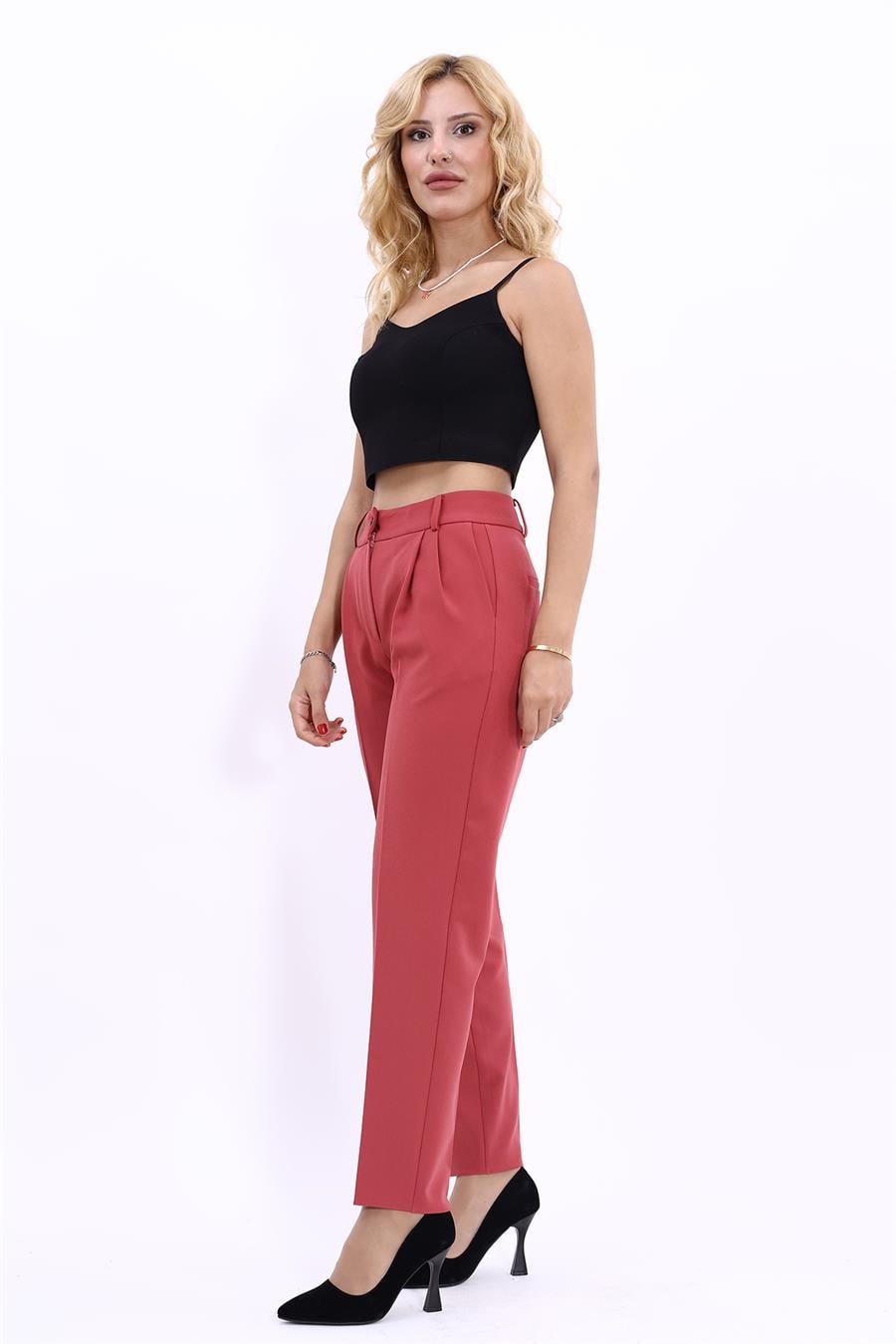 Kemerli Köprülü Dar Paça Pantolon-Kiremit - 5030100