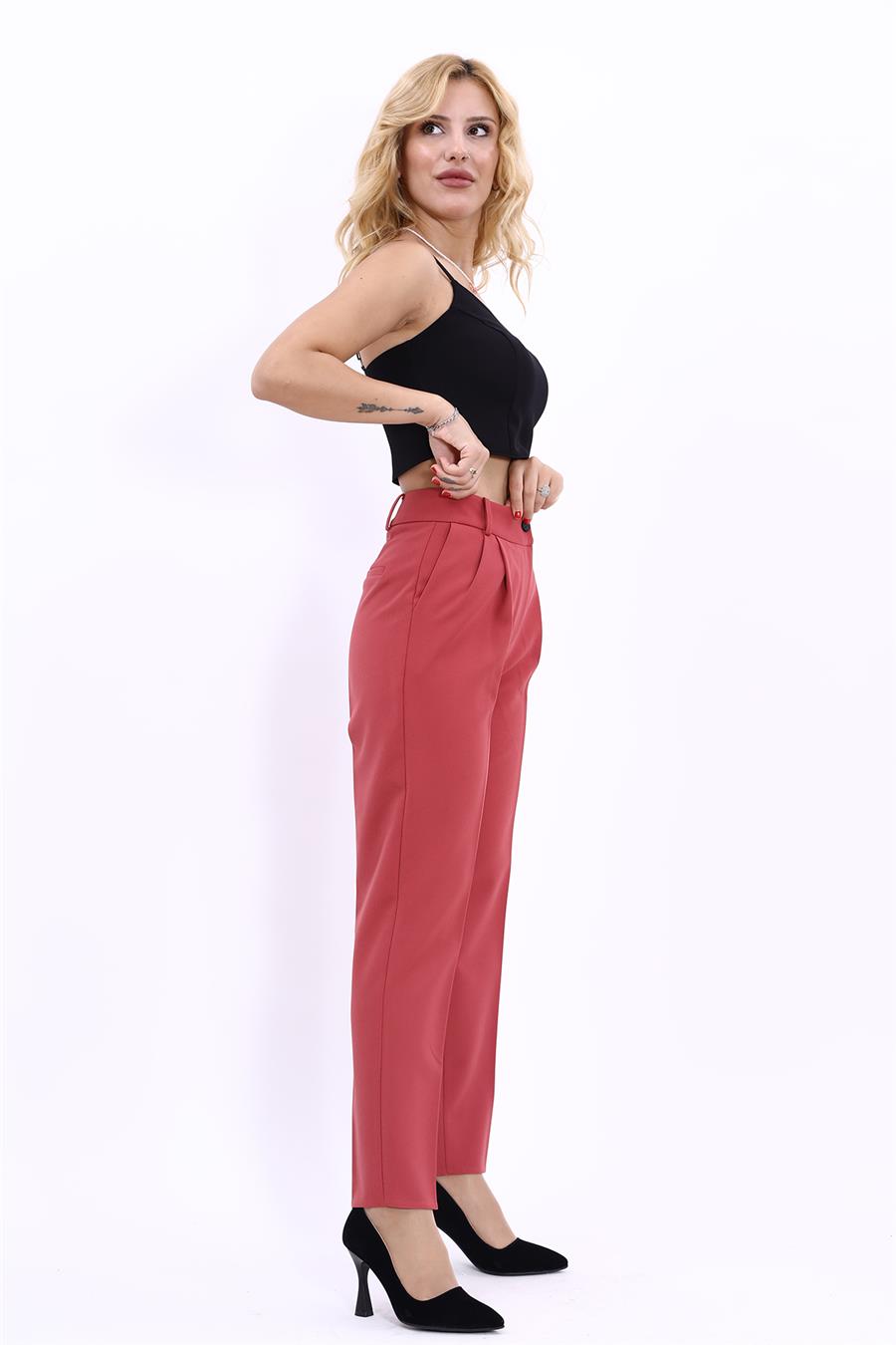 Kemerli Köprülü Dar Paça Pantolon-Kiremit - 5030100