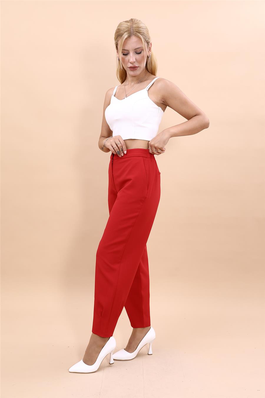 Kemerli Köprülü Dar Paça Pantolon-Kırmızı - 5030100