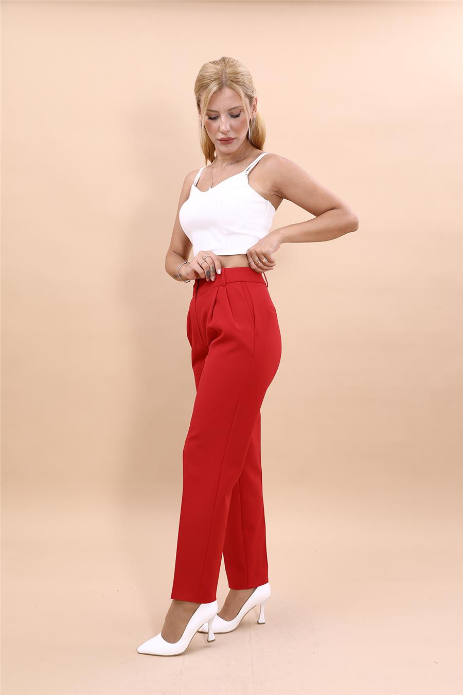 Kemerli Köprülü Dar Paça Pantolon-Kırmızı - 5030100