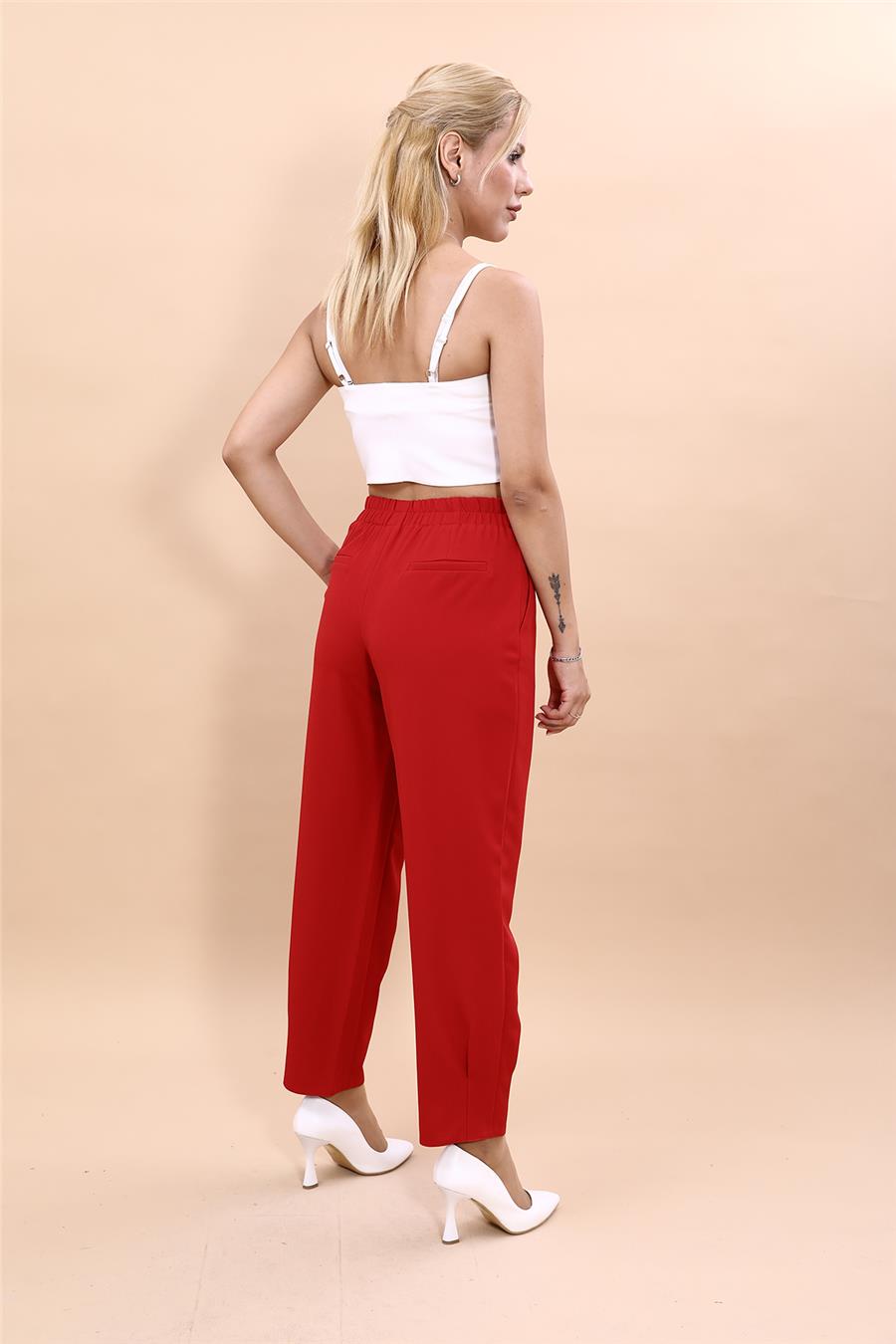 Kemerli Köprülü Dar Paça Pantolon-Kırmızı - 5030100