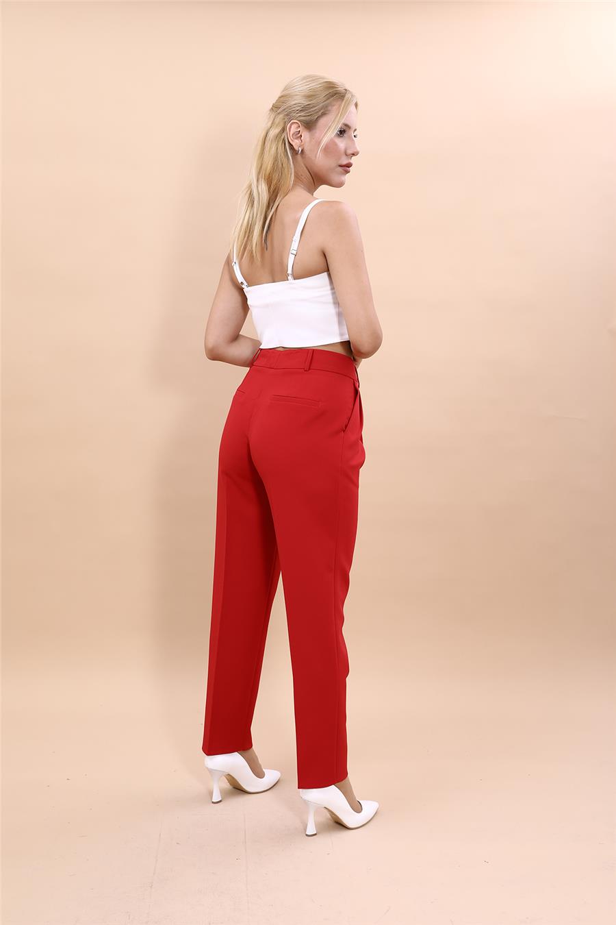 Kemerli Köprülü Dar Paça Pantolon-Kırmızı - 5030100