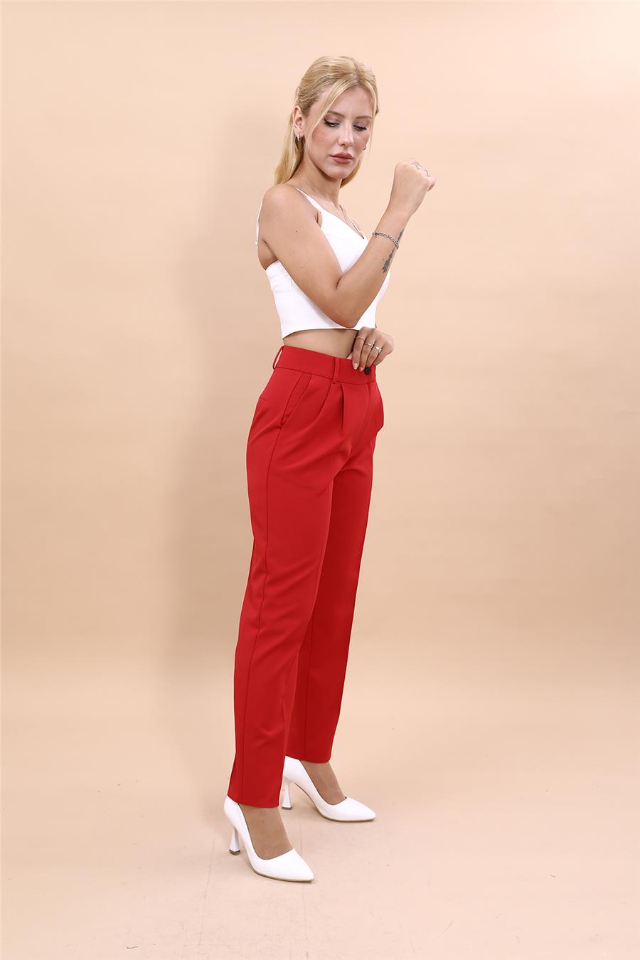 Kemerli Köprülü Dar Paça Pantolon-Kırmızı - 5030100