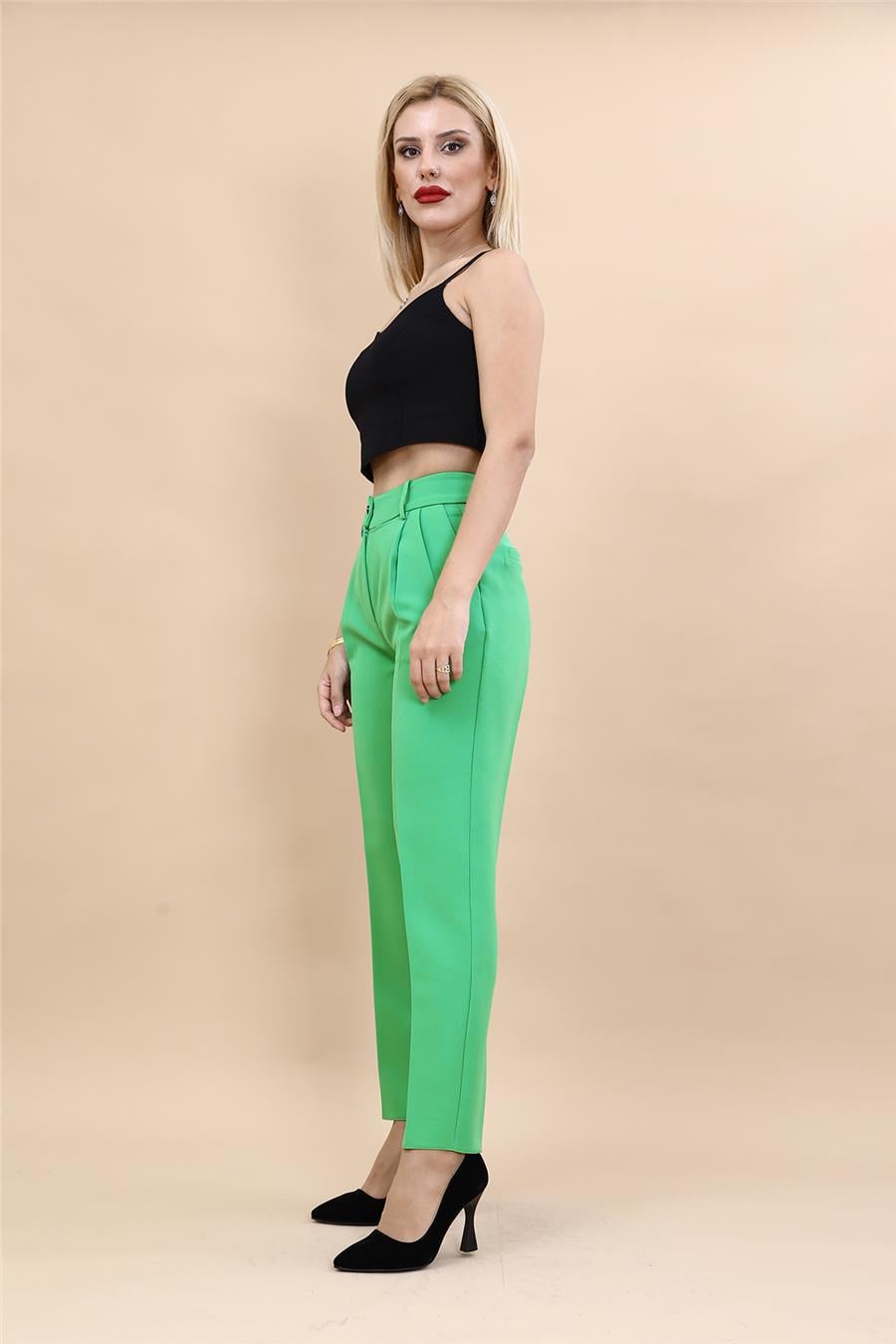 Kemerli Köprülü Dar Paça Pantolon-Yeşil - 5030100