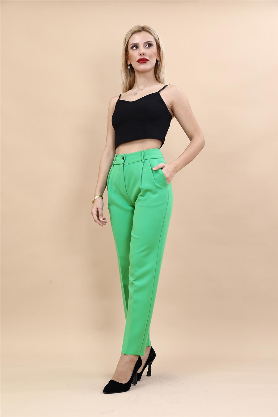 Kemerli Köprülü Dar Paça Pantolon-Yeşil - 5030100