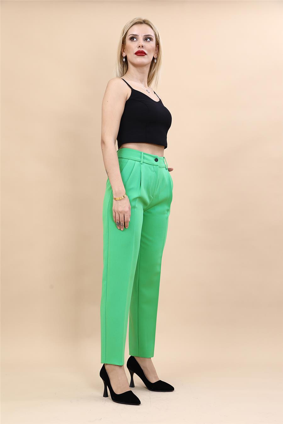 Kemerli Köprülü Dar Paça Pantolon-Yeşil - 5030100