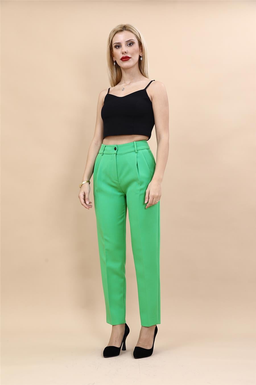 Kemerli Köprülü Dar Paça Pantolon-Yeşil - 5030100
