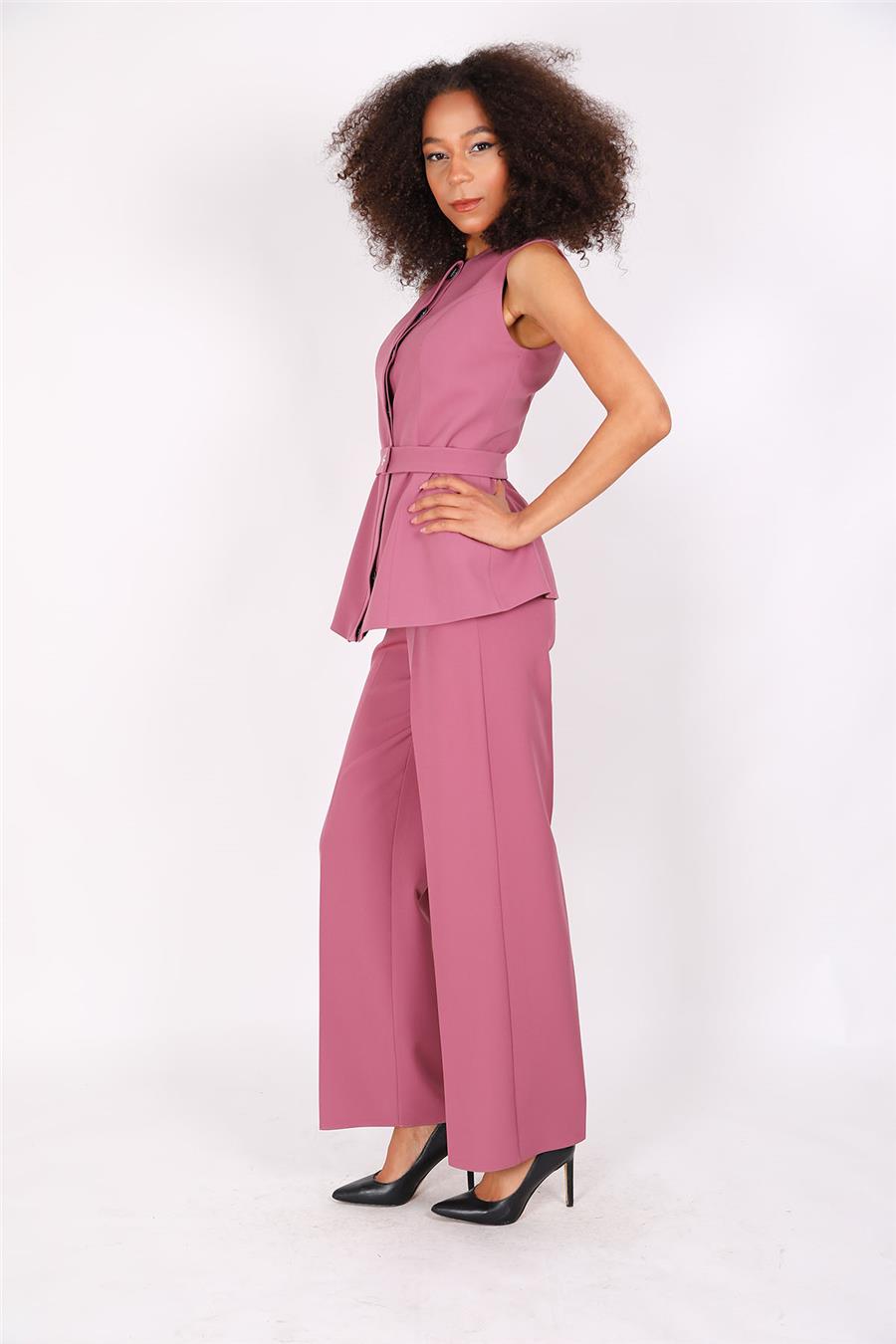 Kemerli Yelek & Bol Paça Pantolon Takım-Rose - 1513520