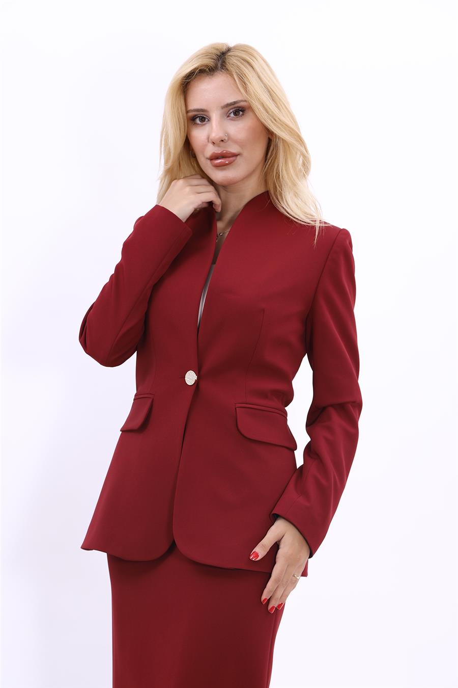 Kendinden Dik Yakalı Ceket-Bordo - 1072100