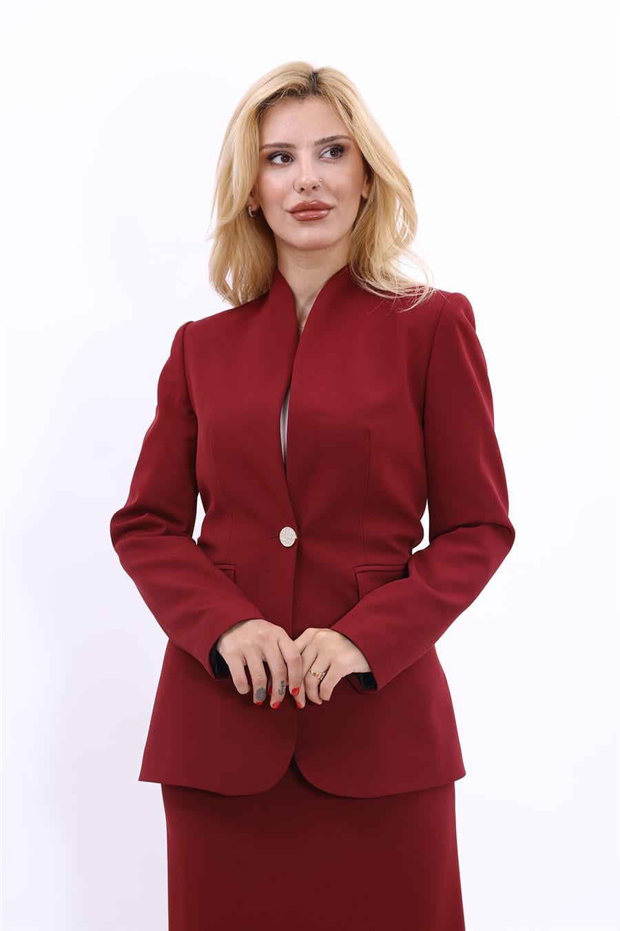 Kendinden Dik Yakalı Ceket-Bordo - 1072100