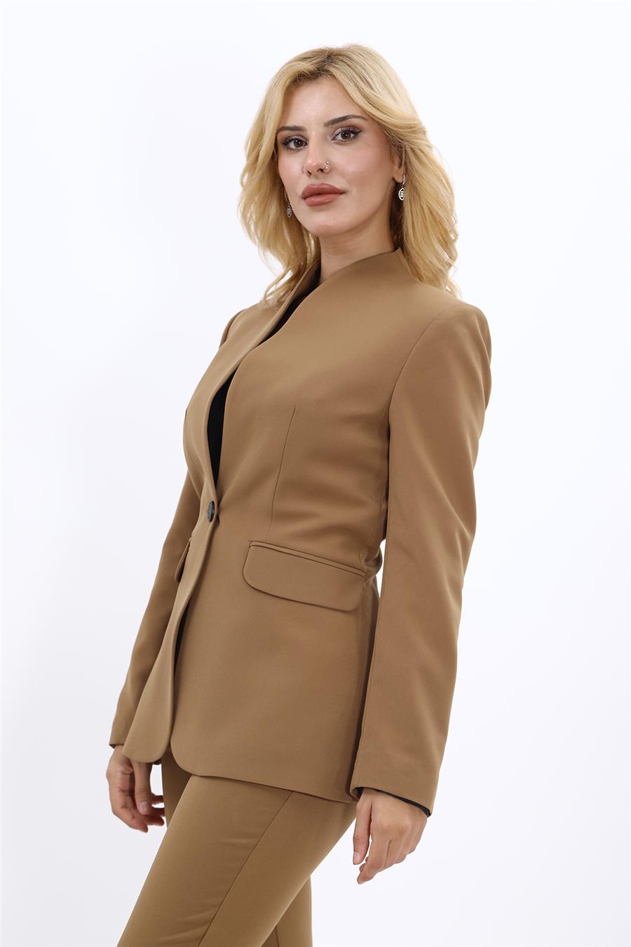 Kendinden Dik Yakalı Ceket-Camel - 1072100