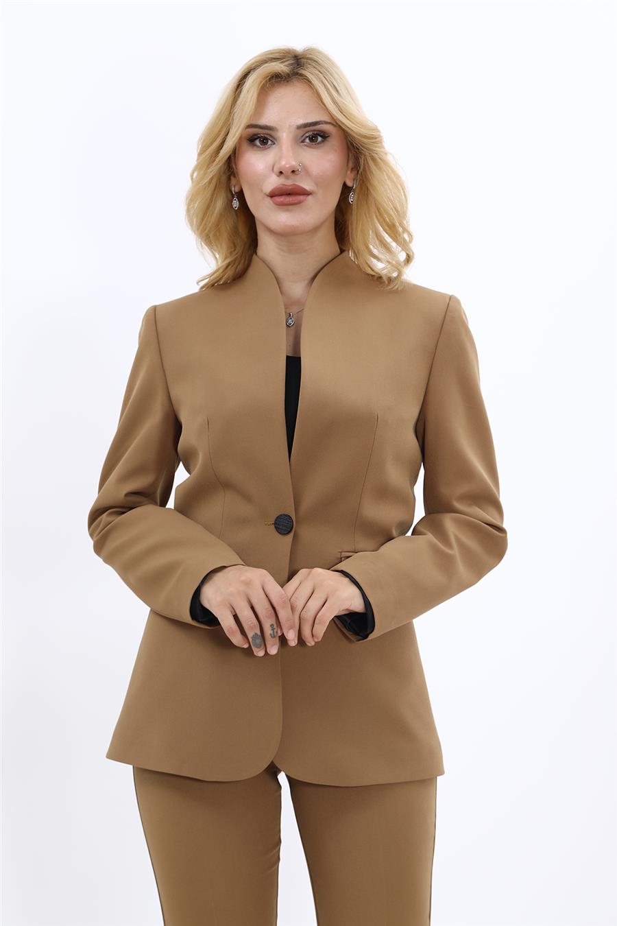 Kendinden Dik Yakalı Ceket-Camel - 1072100