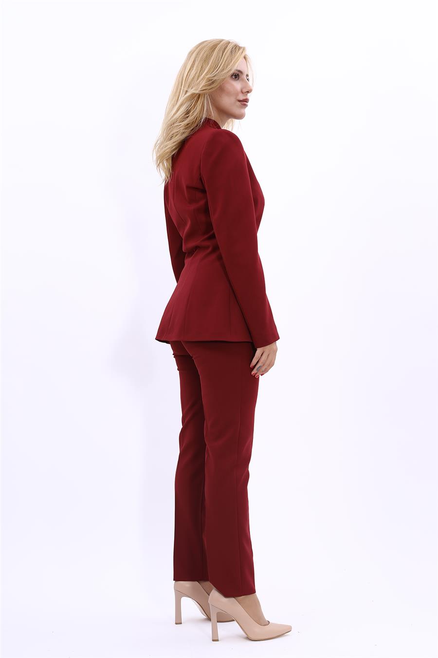 Kendinden Dik Yakalı Ceket & Dar Paça Pantolon-Bordo - 1072510