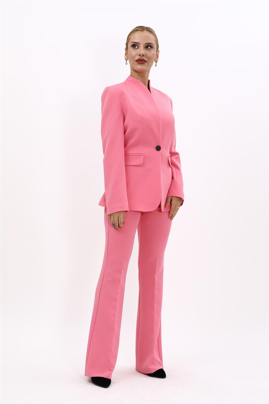 Kendinden Dik Yakalı Ceket & İspanyol Paça Pantolon-Pembe - 1072530