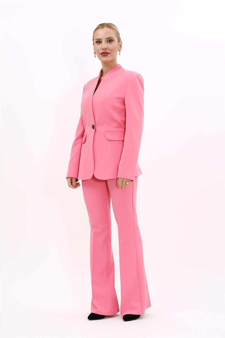 Kendinden Dik Yakalı Ceket & İspanyol Paça Pantolon-Pembe - 1072530