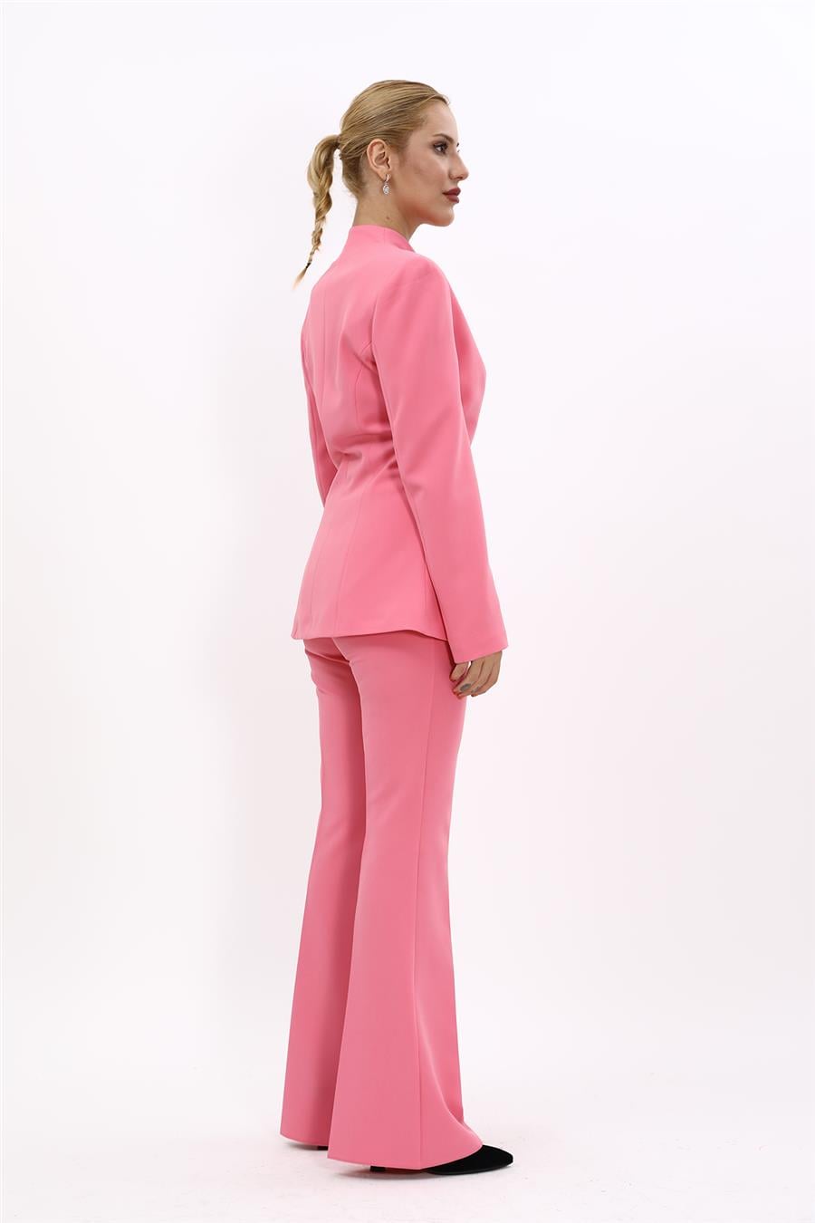 Kendinden Dik Yakalı Ceket & İspanyol Paça Pantolon-Pembe - 1072530