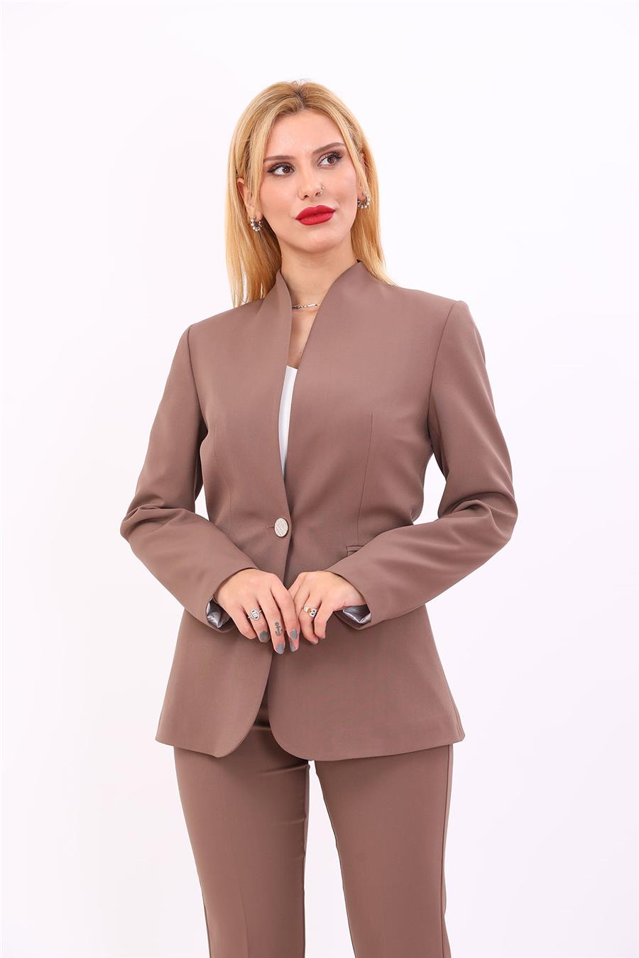 Kendinden Dik Yakalı Ceket-Kahve - 1072100