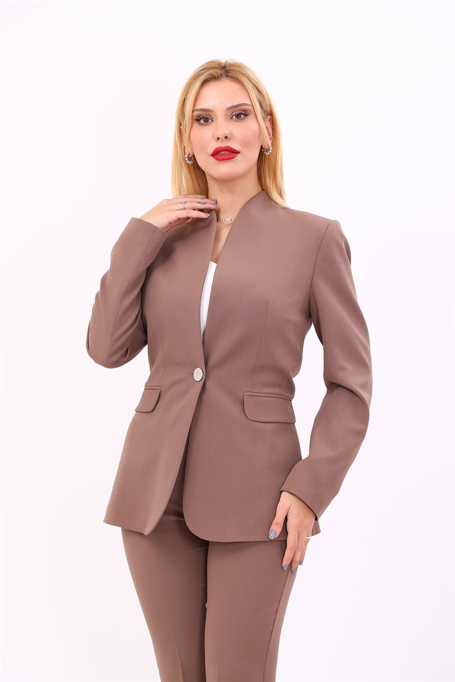 Kendinden Dik Yakalı Ceket-Kahve - 1072100