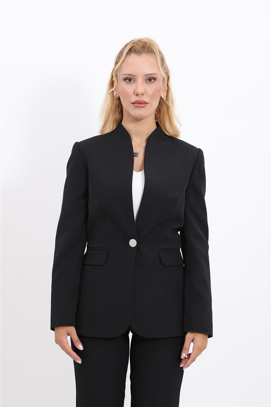 Kendinden Dik Yakalı Ceket-Siyah