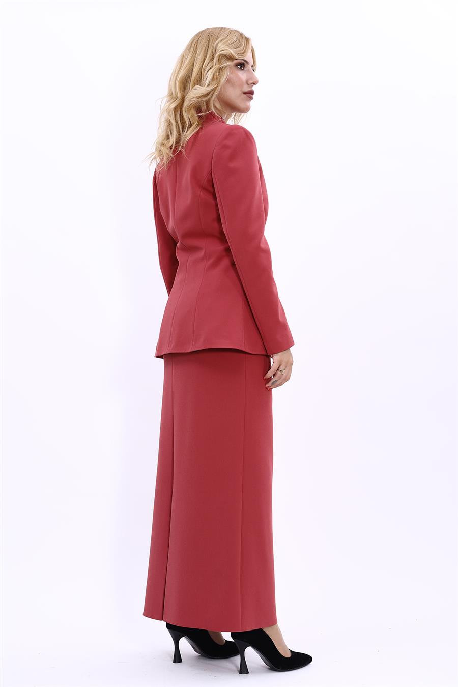 Kendinden Dik Yakalı Ceket & Uzun Düz Dar Etek-Kiremit