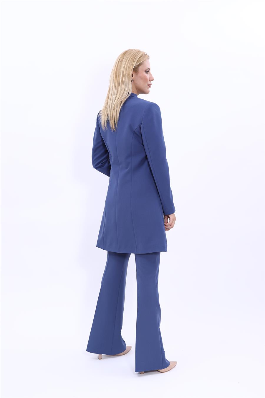Kendinden Dik Yakalı Tek Düğmeli Uzun Ceket & İspanyol Paça Pantolon-İndigo