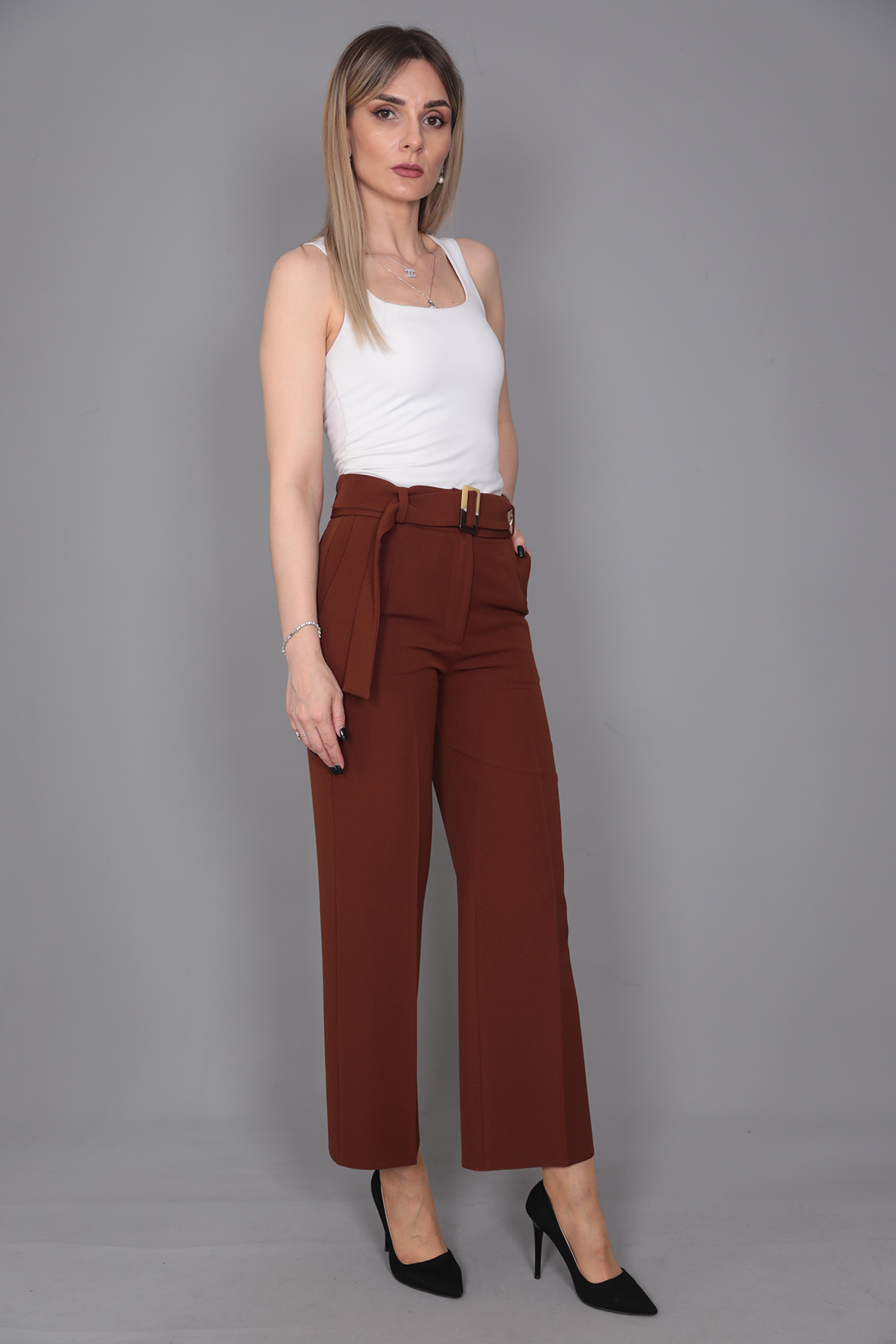 Tokalı Kemerli Pantolon-Kestane - 5028100