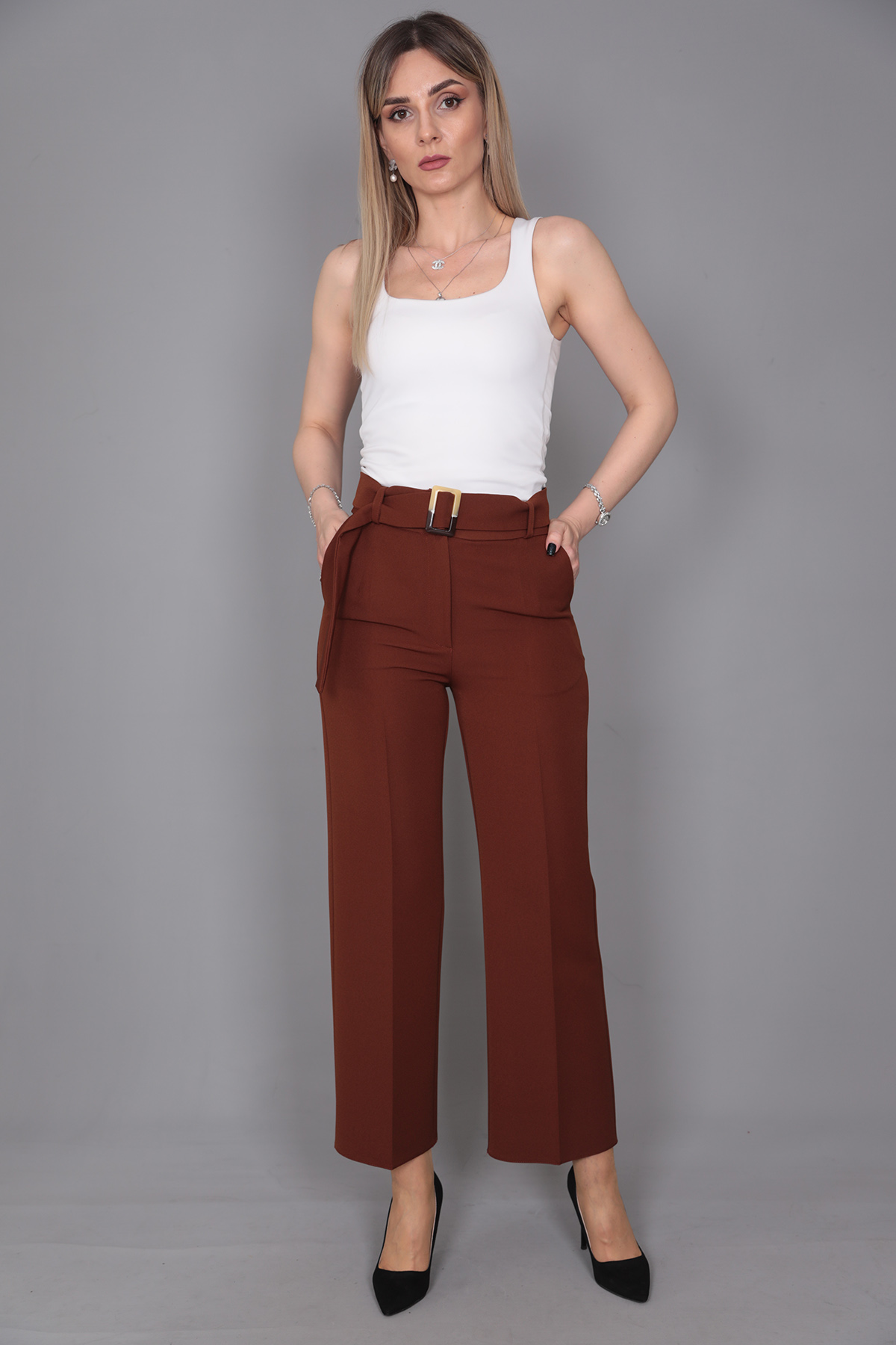 Tokalı Kemerli Pantolon-Kestane - 5028100