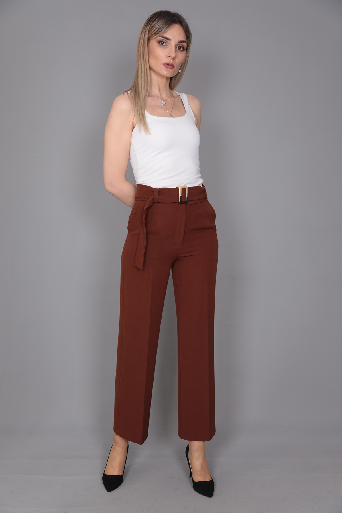 Tokalı Kemerli Pantolon-Kestane - 5028100