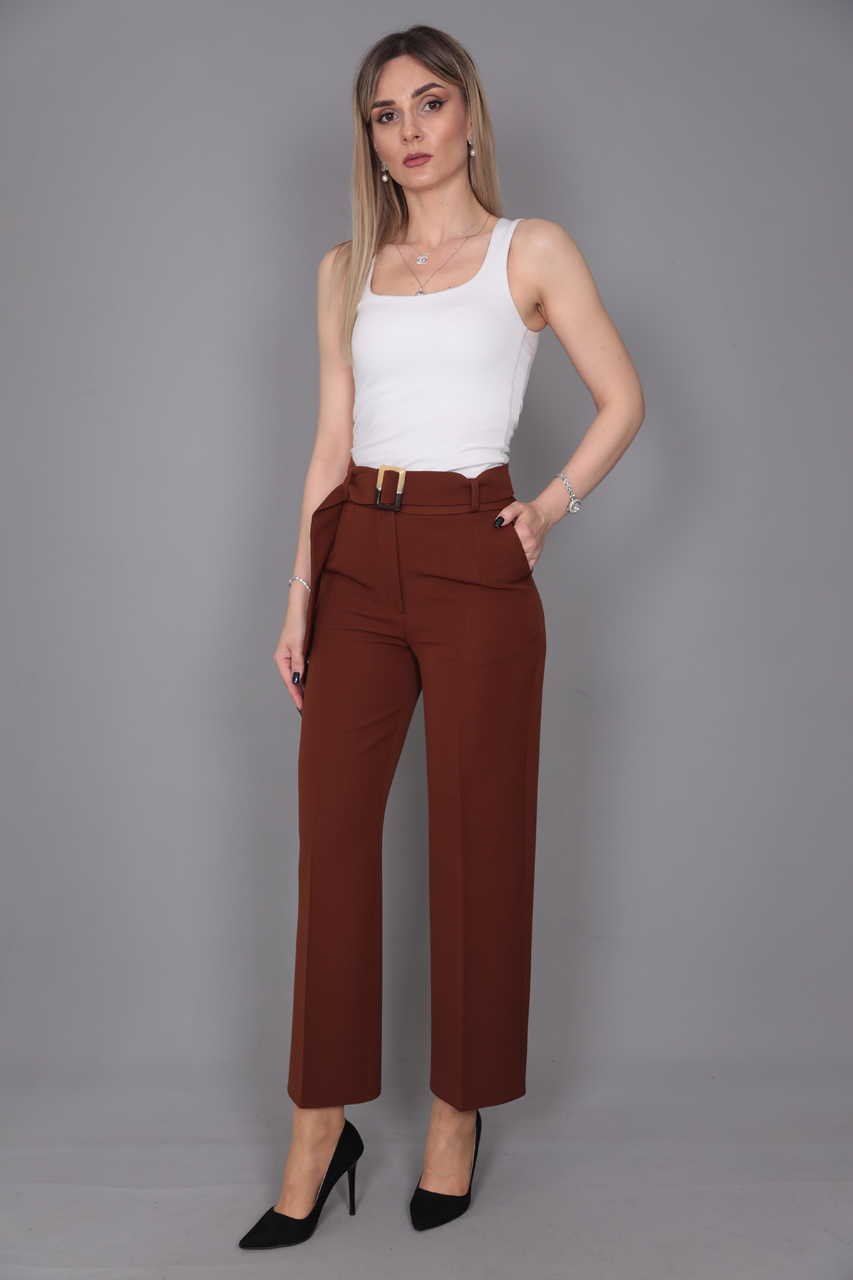 Tokalı Kemerli Pantolon-Kestane - 5028100