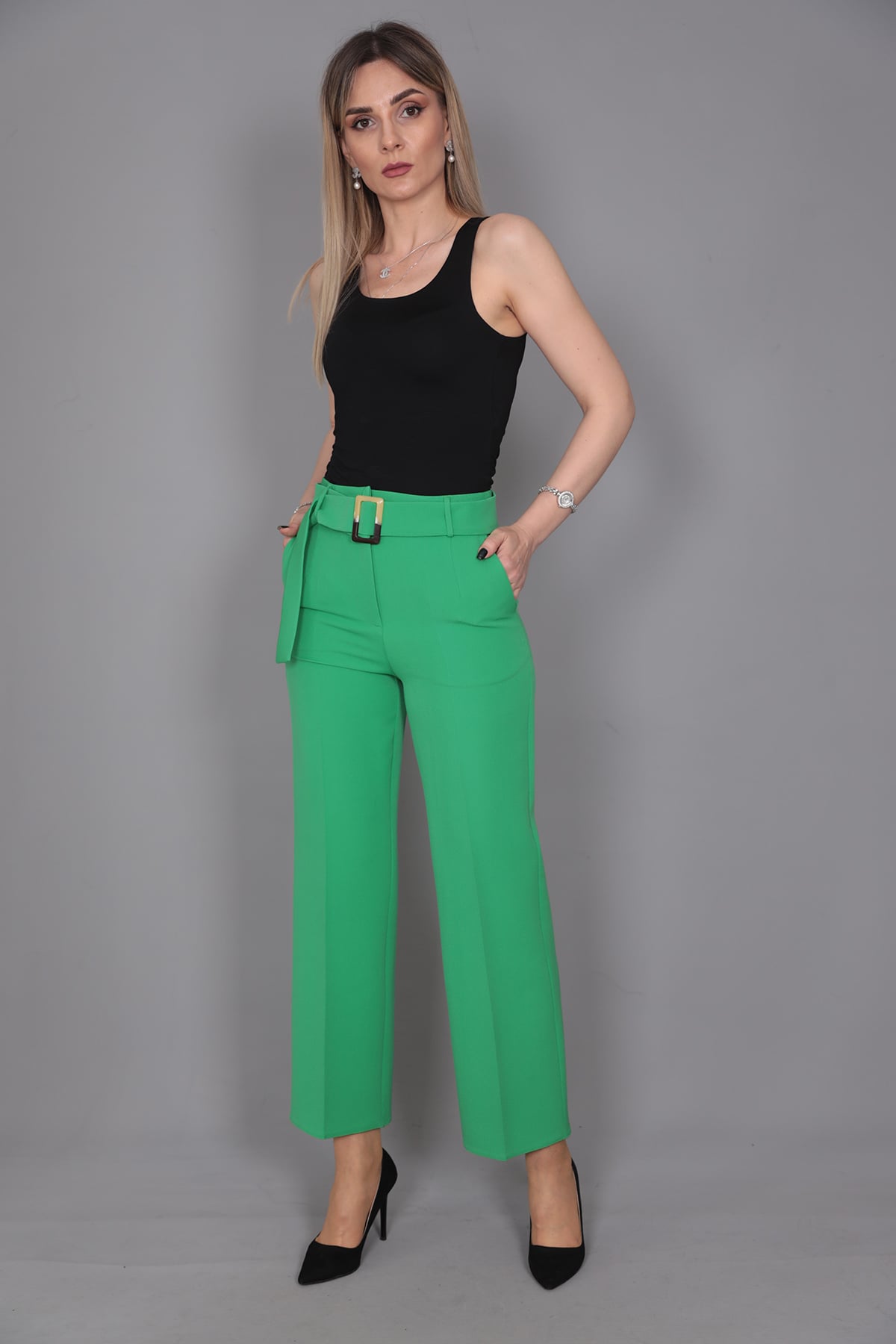 Tokalı Kemerli Pantolon-Yeşil