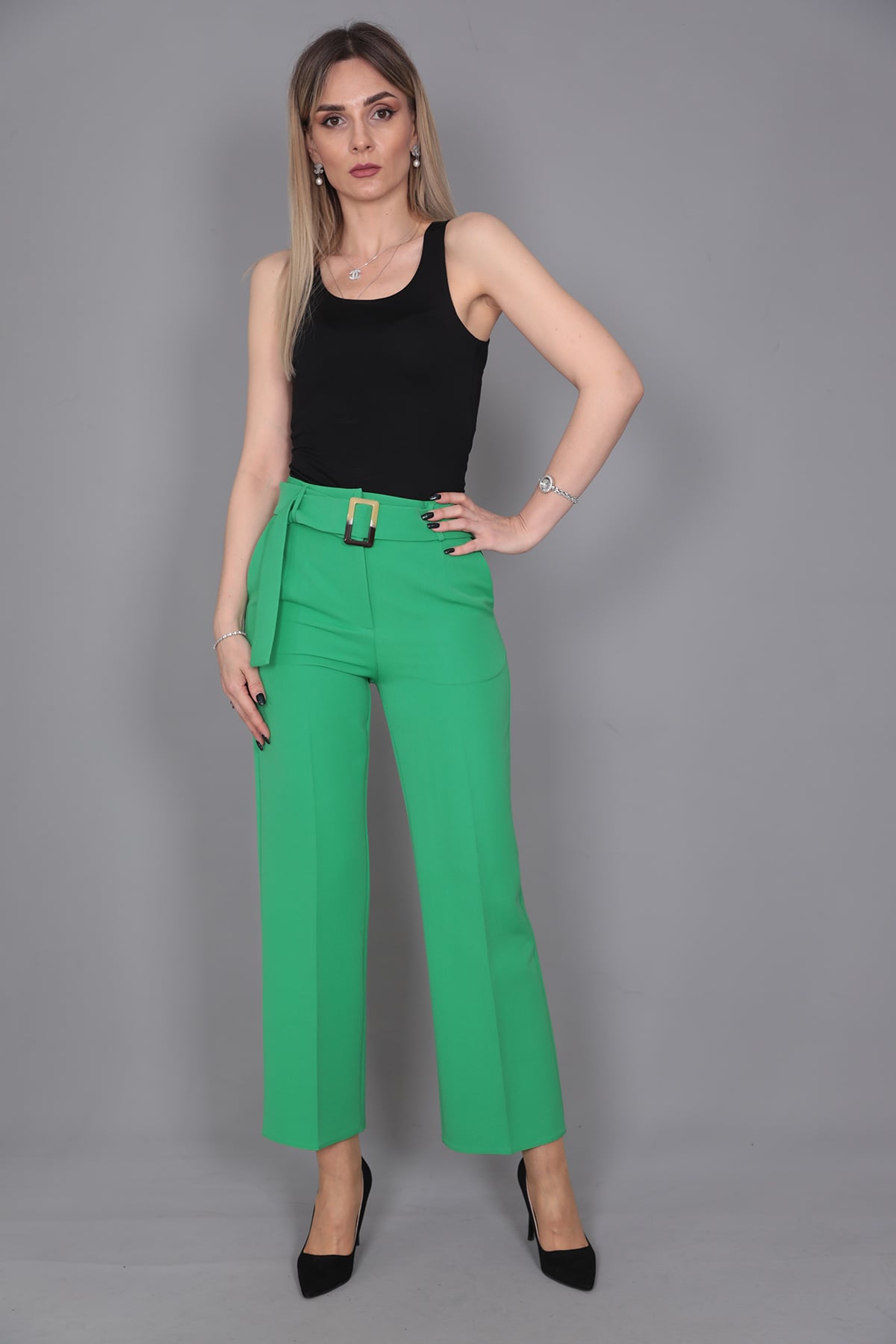 Tokalı Kemerli Pantolon-Yeşil