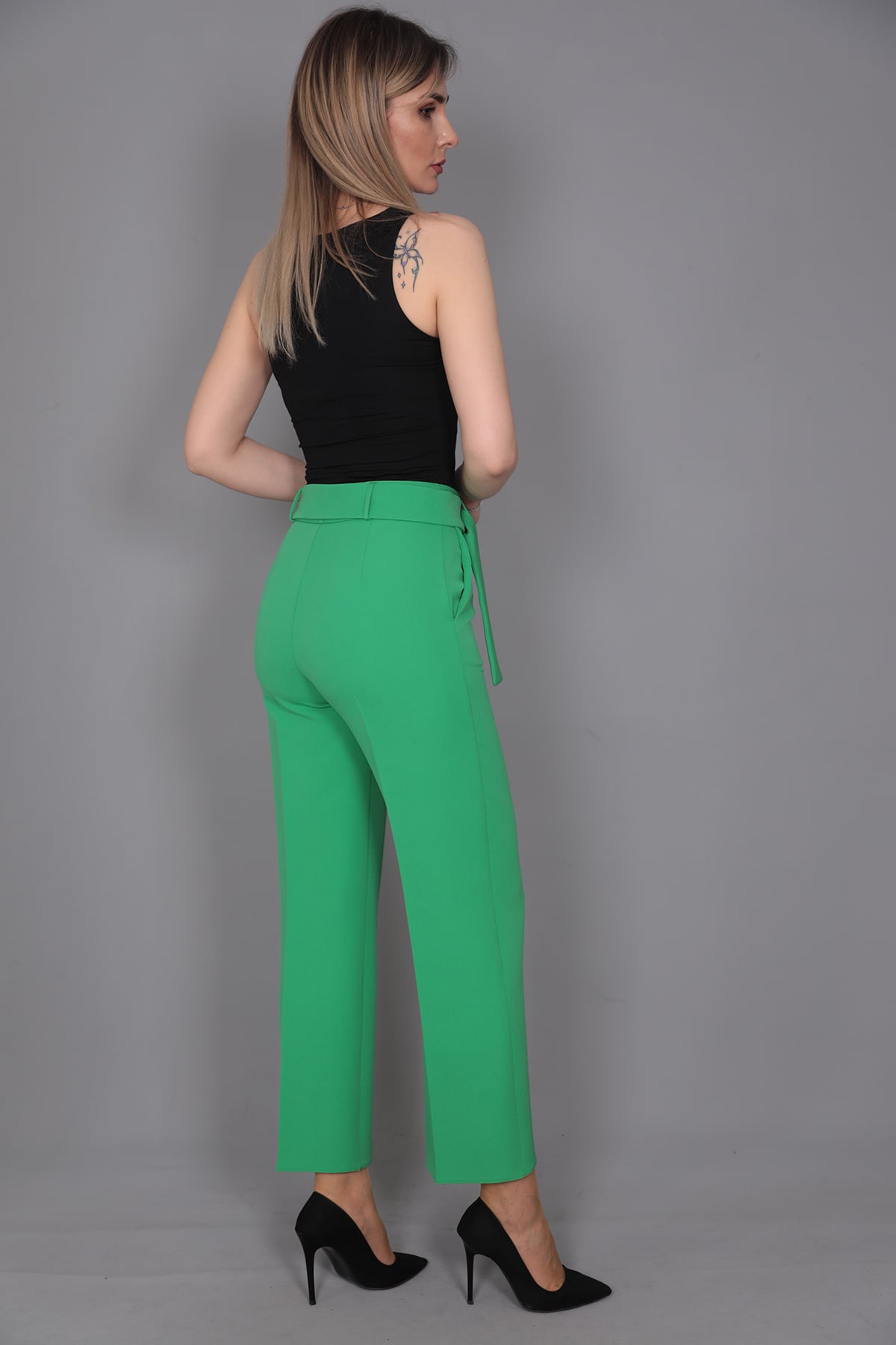 Tokalı Kemerli Pantolon-Yeşil