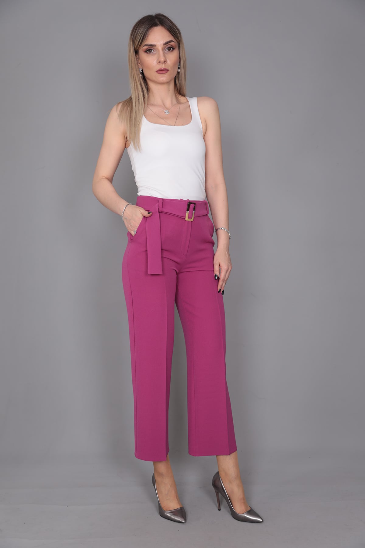 Tokalı Kemerli Pantolon-Fuşya - 5028100