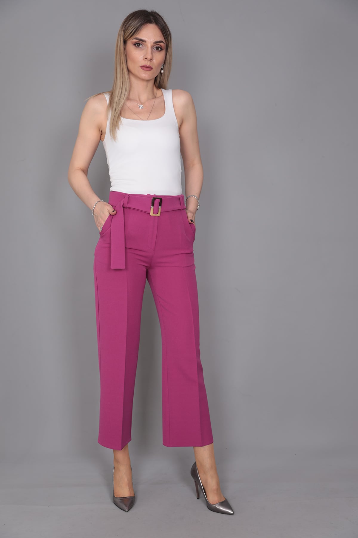 Tokalı Kemerli Pantolon-Fuşya - 5028100