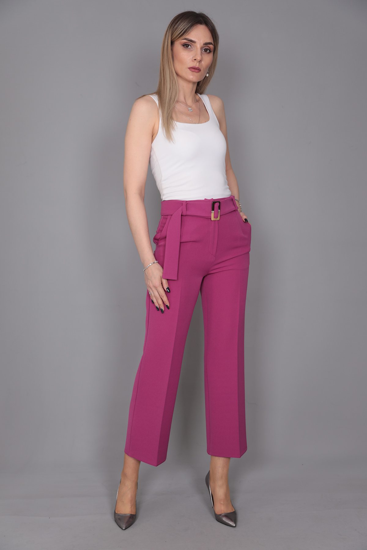 Tokalı Kemerli Pantolon-Fuşya - 5028100