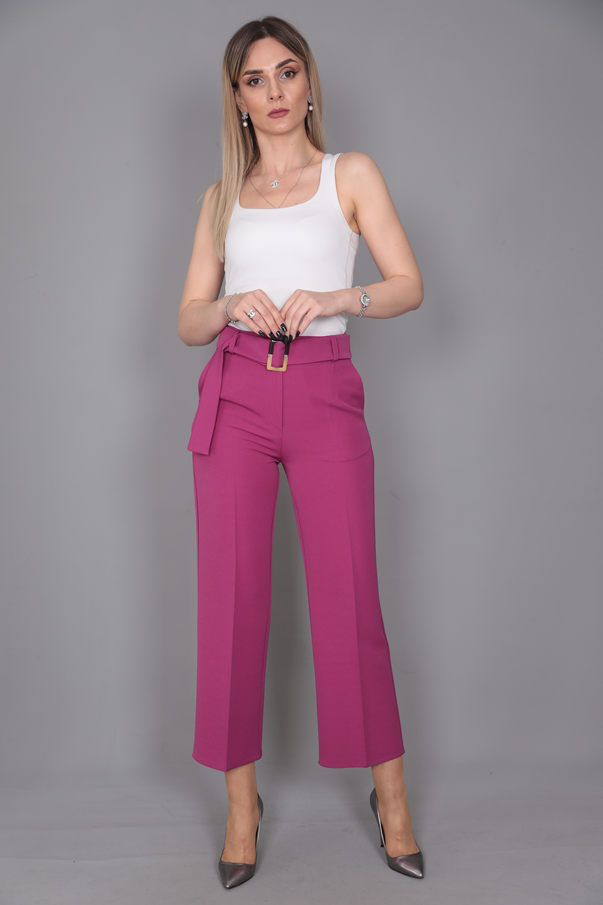 Tokalı Kemerli Pantolon-Fuşya - 5028100