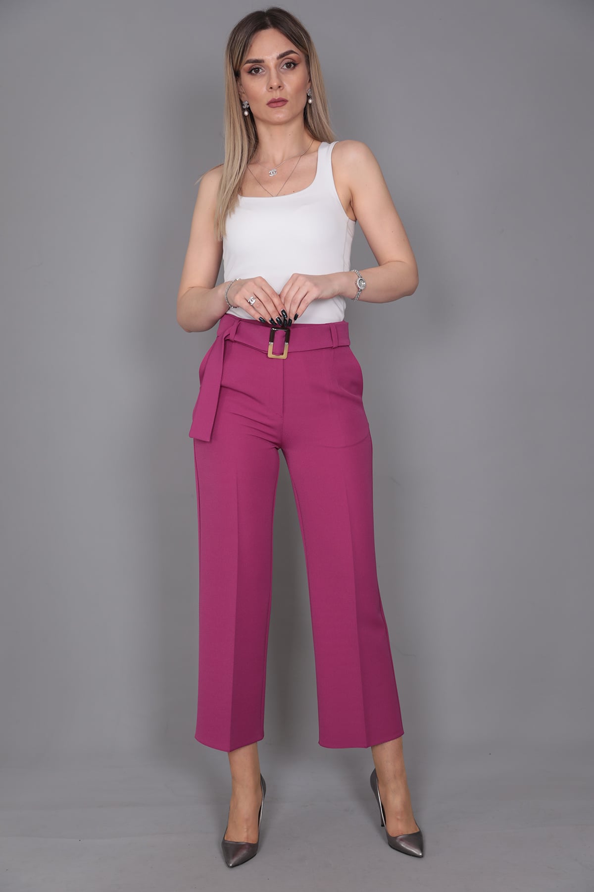 Tokalı Kemerli Pantolon-Fuşya - 5028100
