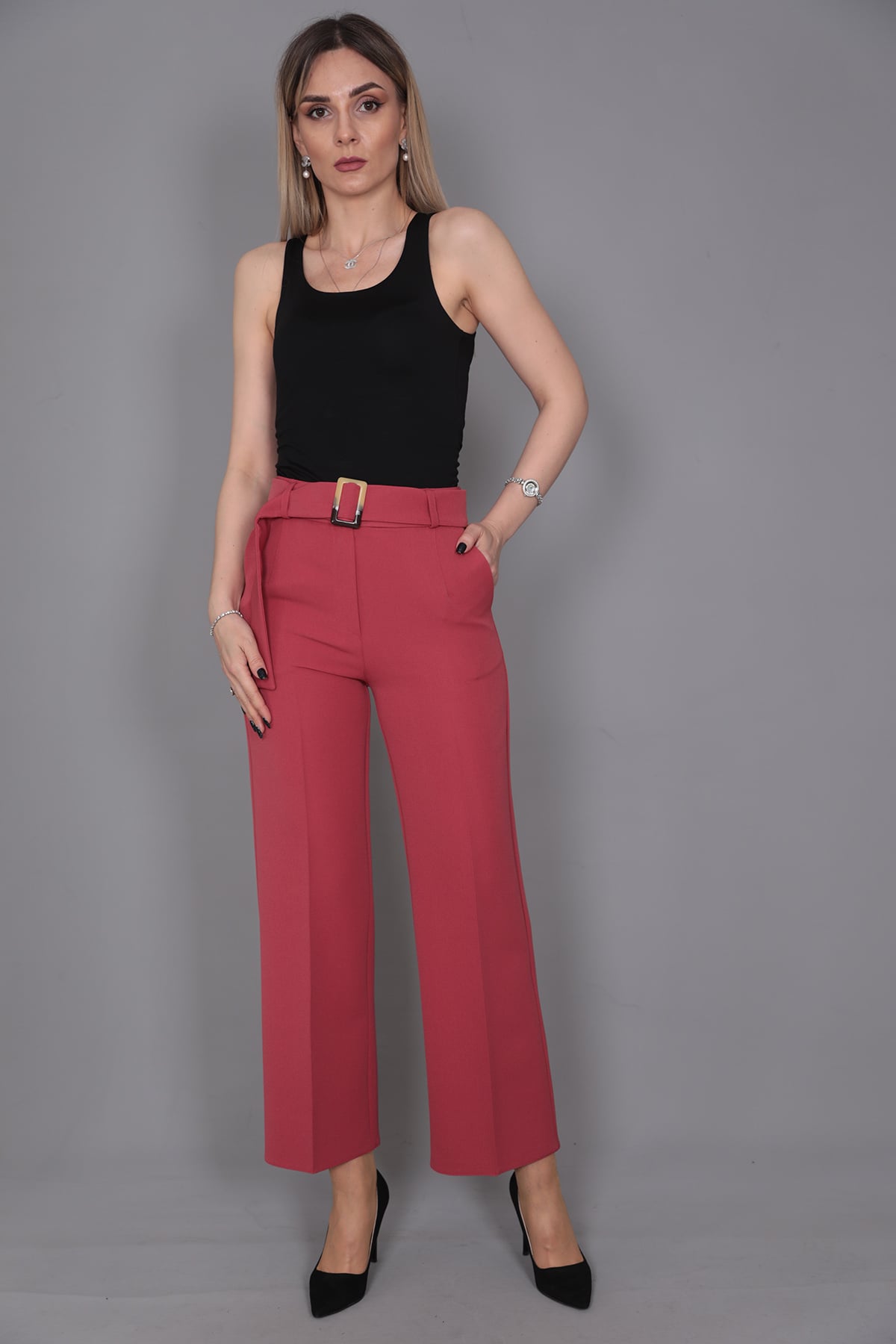 Tokalı Kemerli Pantolon-Kiremit - 5028100