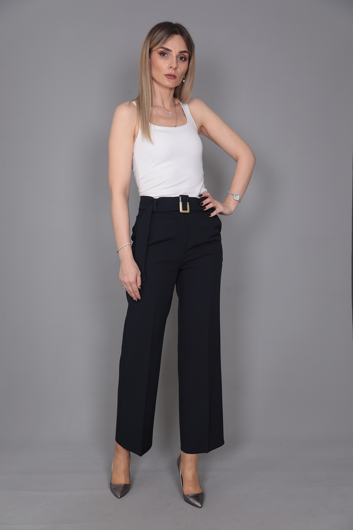 Tokalı Kemerli Pantolon-Lacivert - 5028100