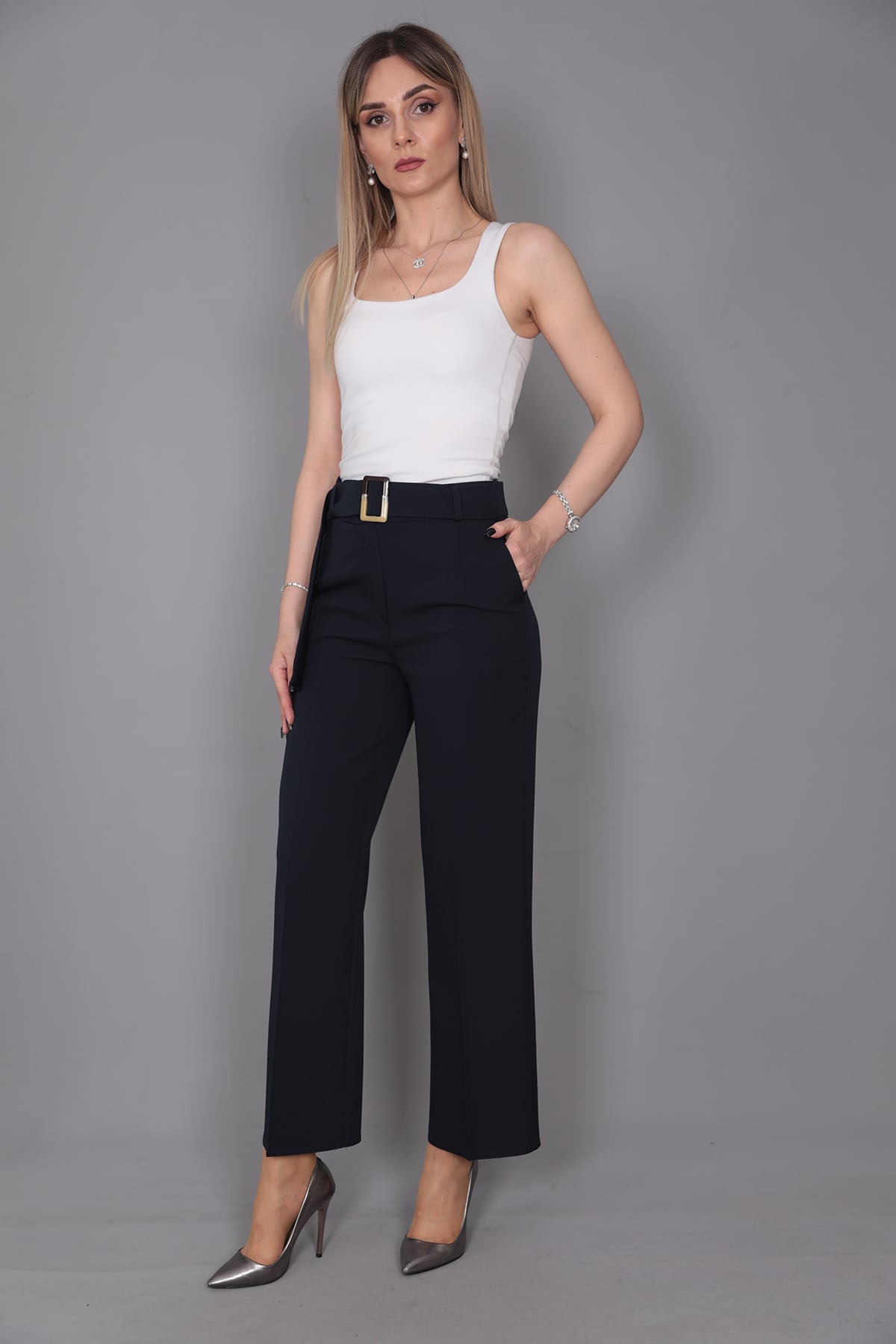 Tokalı Kemerli Pantolon-Lacivert - 5028100